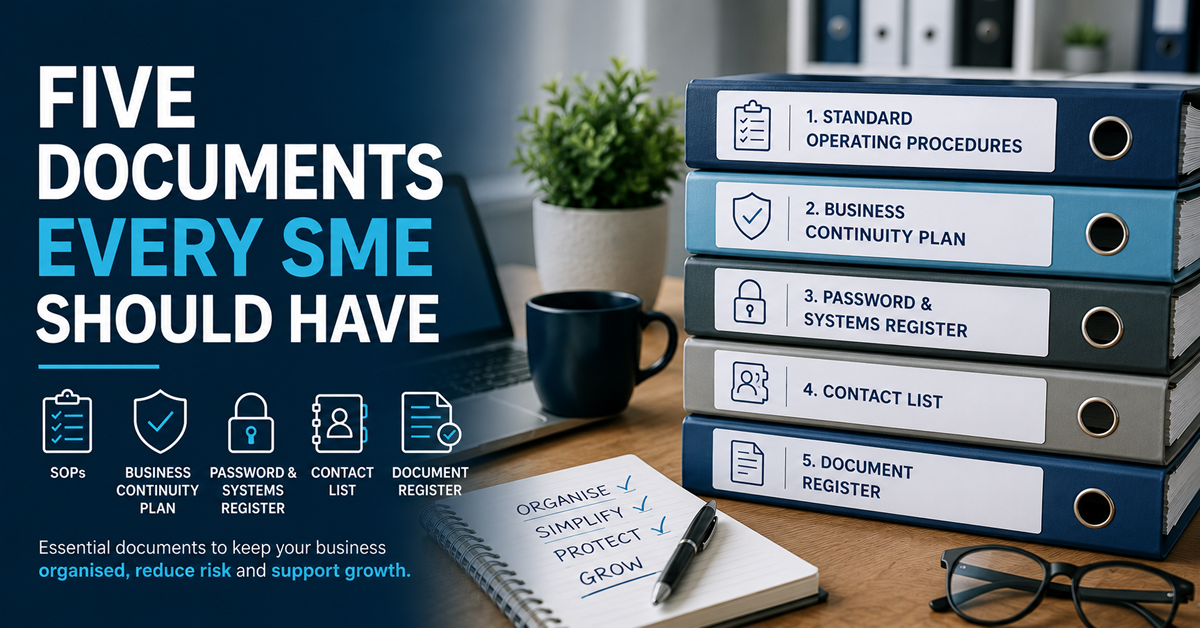 Business owner reviewing essential business documents for an organised and efficient SME.