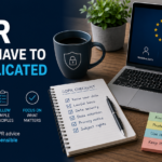 Business owner reviewing GDPR documentation and data protection processes in a modern office.