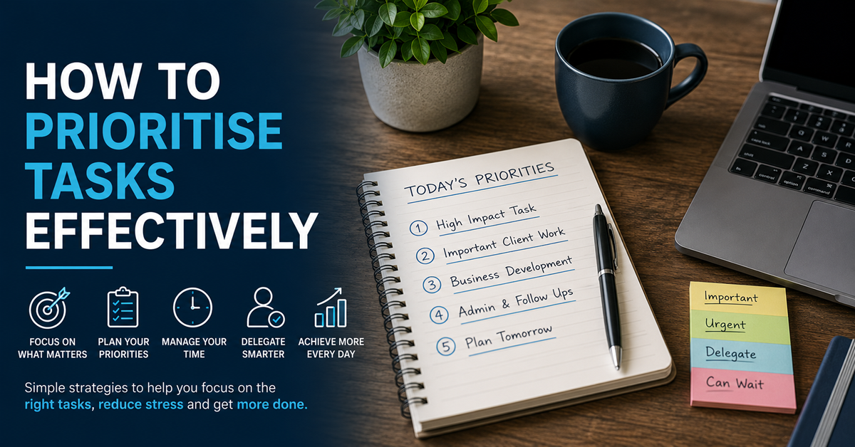 Business owner prioritising tasks using a notebook, laptop and organised workspace to improve productivity.