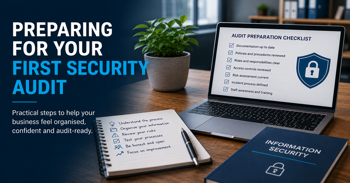 Organised workspace with security documents, laptop and checklist representing security audit preparation for SMEs.